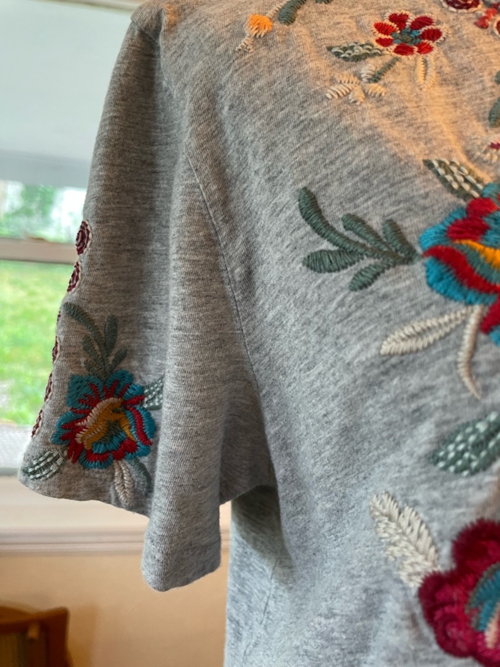 Johnny Was Light Gray Trapeze Tee  with Colorful Floral Embroidery - Picture 9 of 9